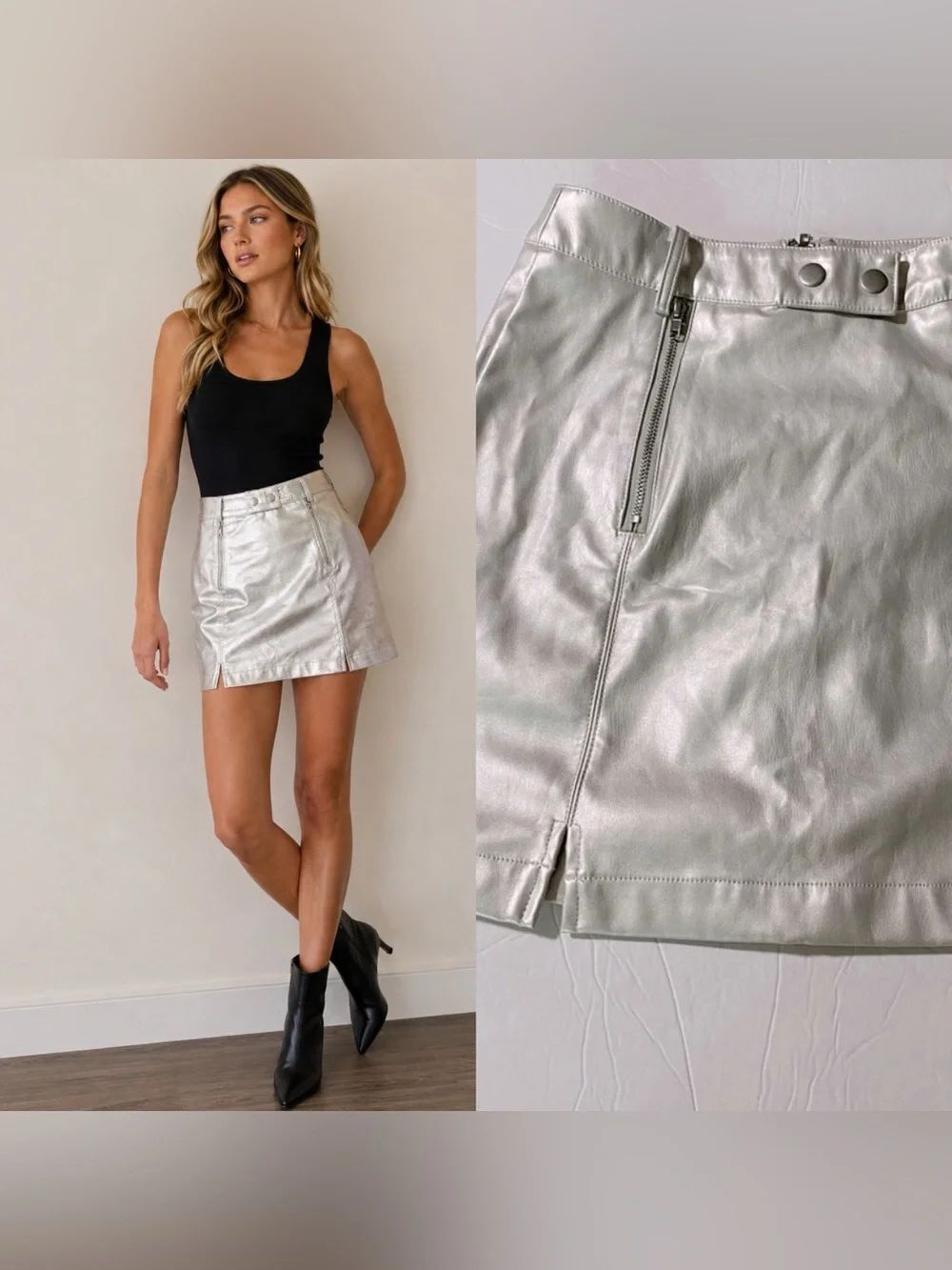Francesca’s Silver Faux Leather Charlie Mini Skirt Zip Front Y2K Moto XS NEW
